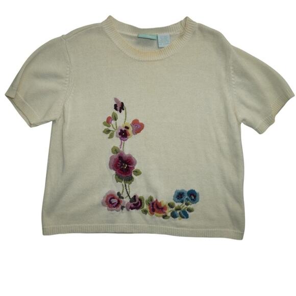 220 Hickory Cream Embroidered Floral Short Sleeve Sweater Top L Ramie Cotton - Picture 2 of 5